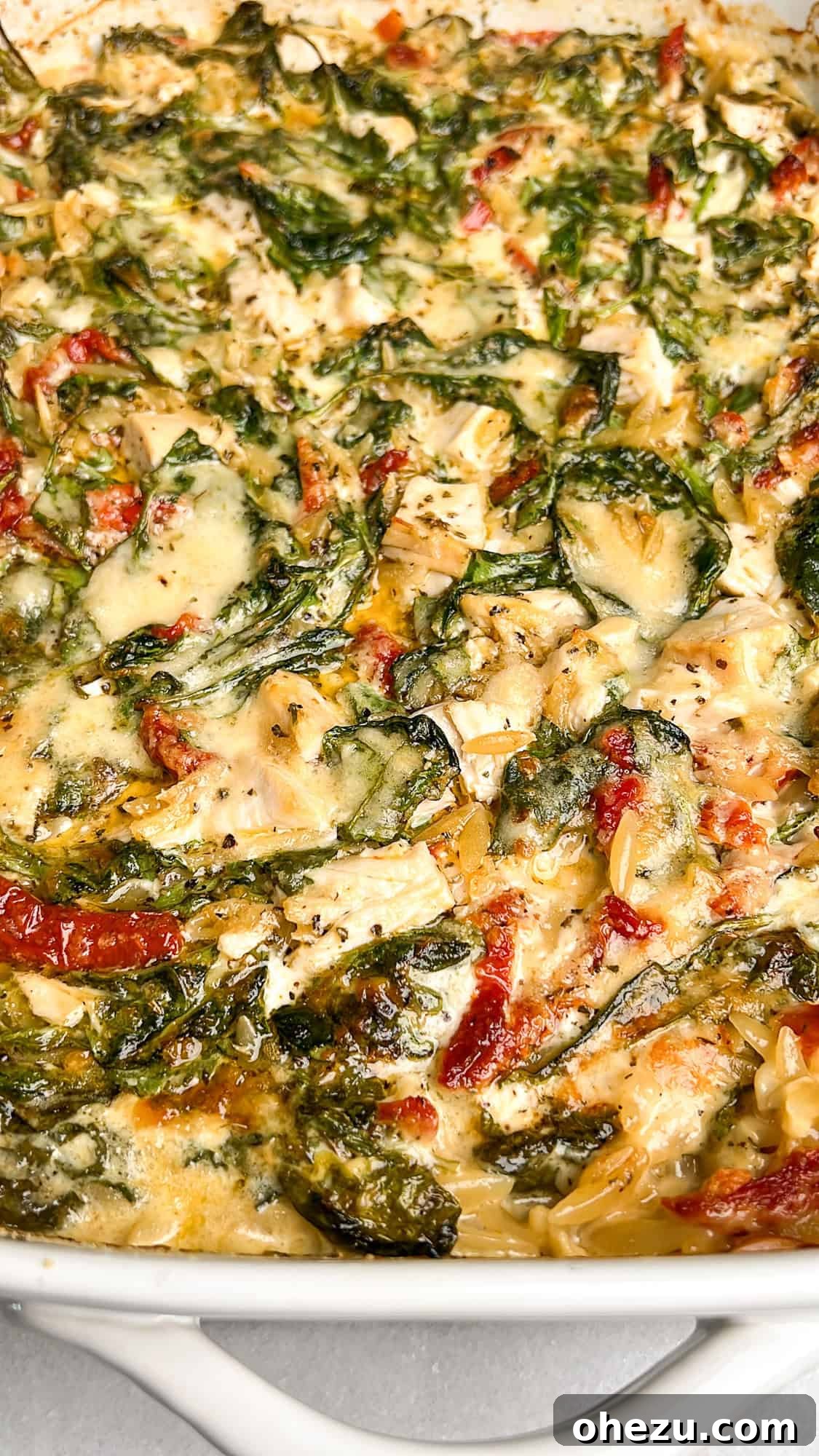 Skillet Chicken Orzo That Wins Hearts 10 A cozy shot of Marry Me Chicken Orzo with vibrant spinach and basil in a baking pan, freshly pulled from the oven.
