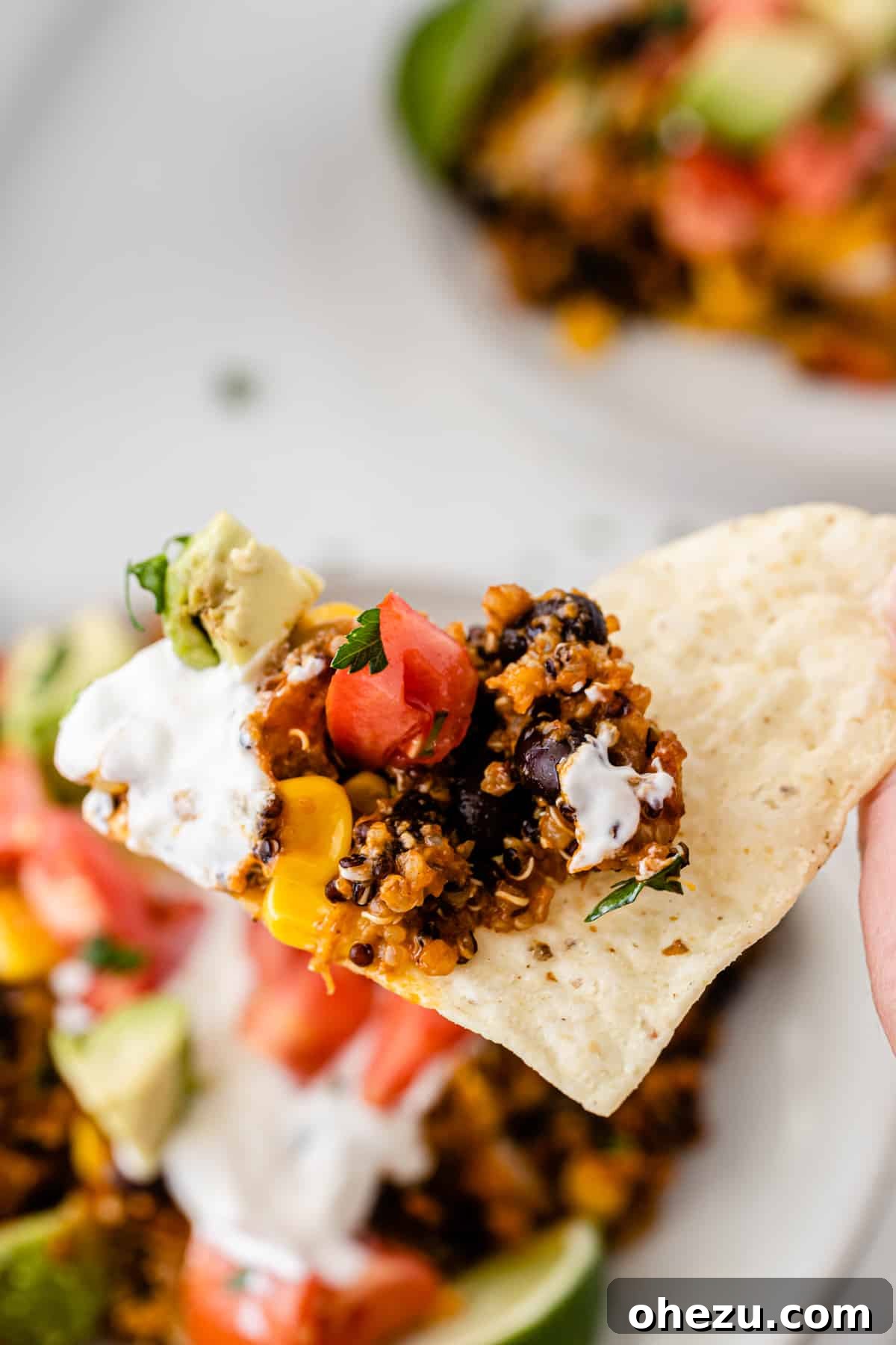 a chip with a scoop of enchilada casserole