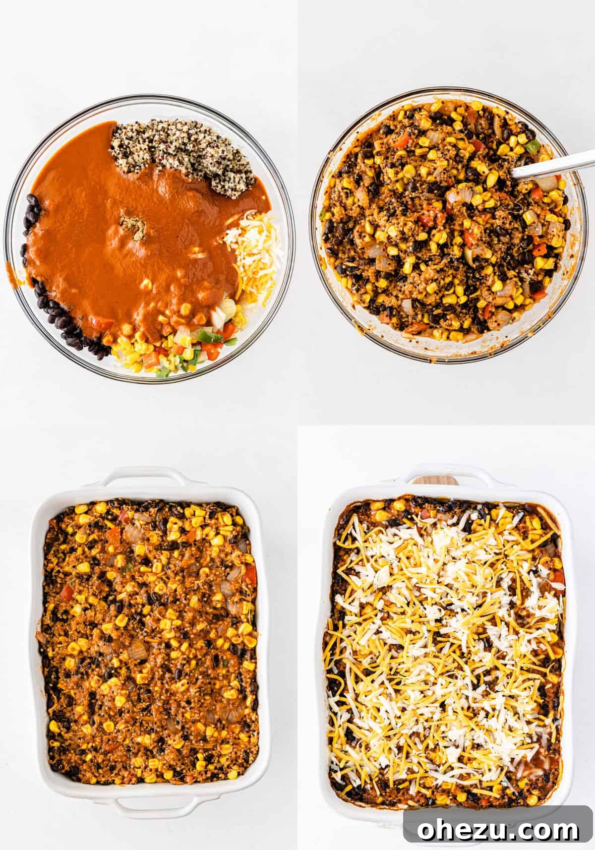 image collage showing the enchilada casserole ingredients, mixed together, in a casserole dish, then topped with mexican cheese