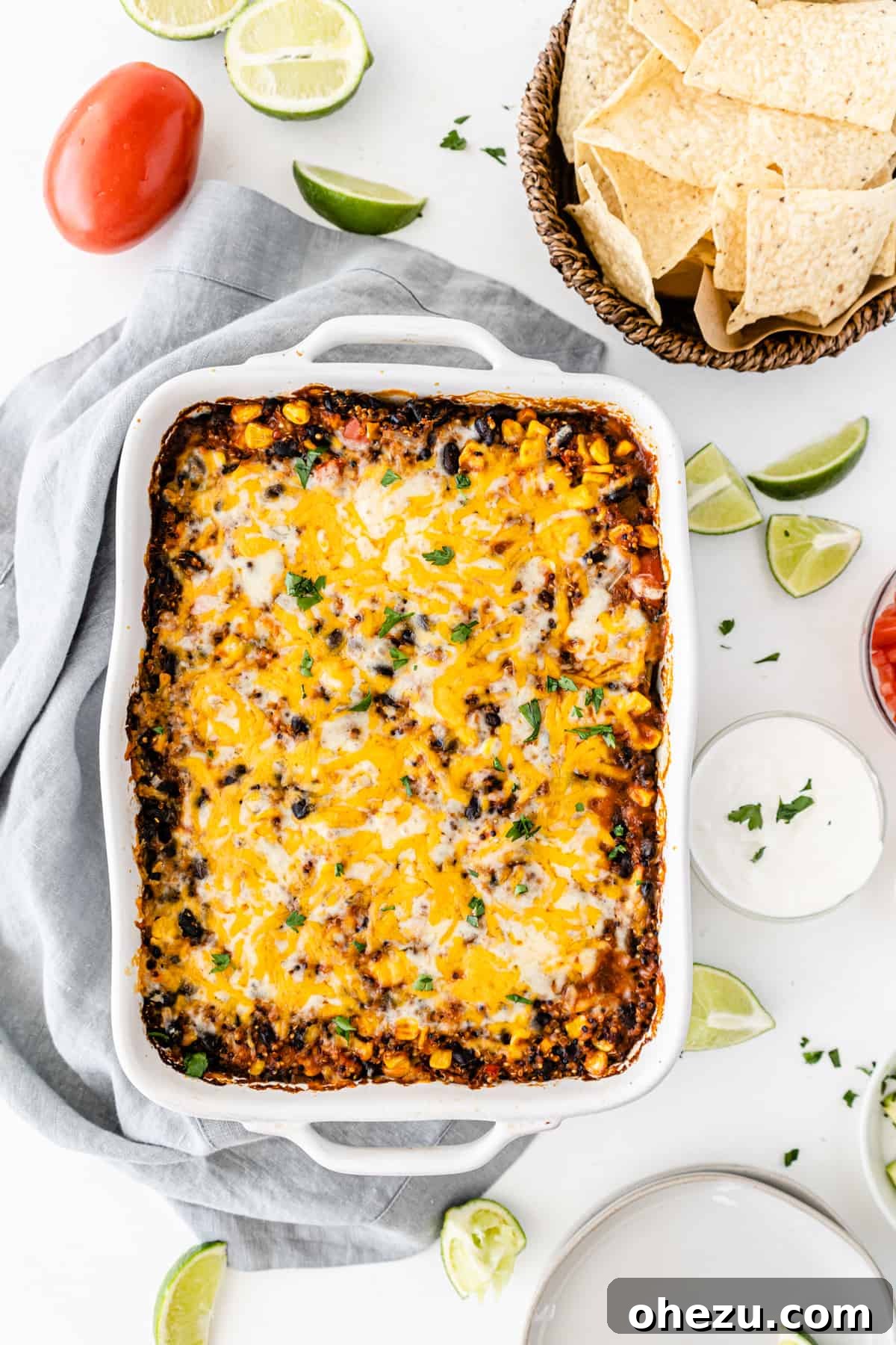 mexican quinoa casserole in a white baking dish