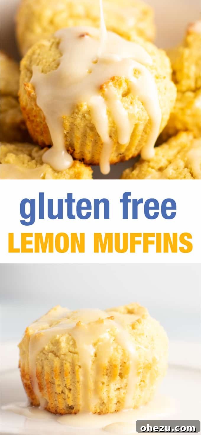 Pinterest graphic for gluten-free lemon muffins, encouraging readers to save the recipe. Features vibrant muffins with glaze.