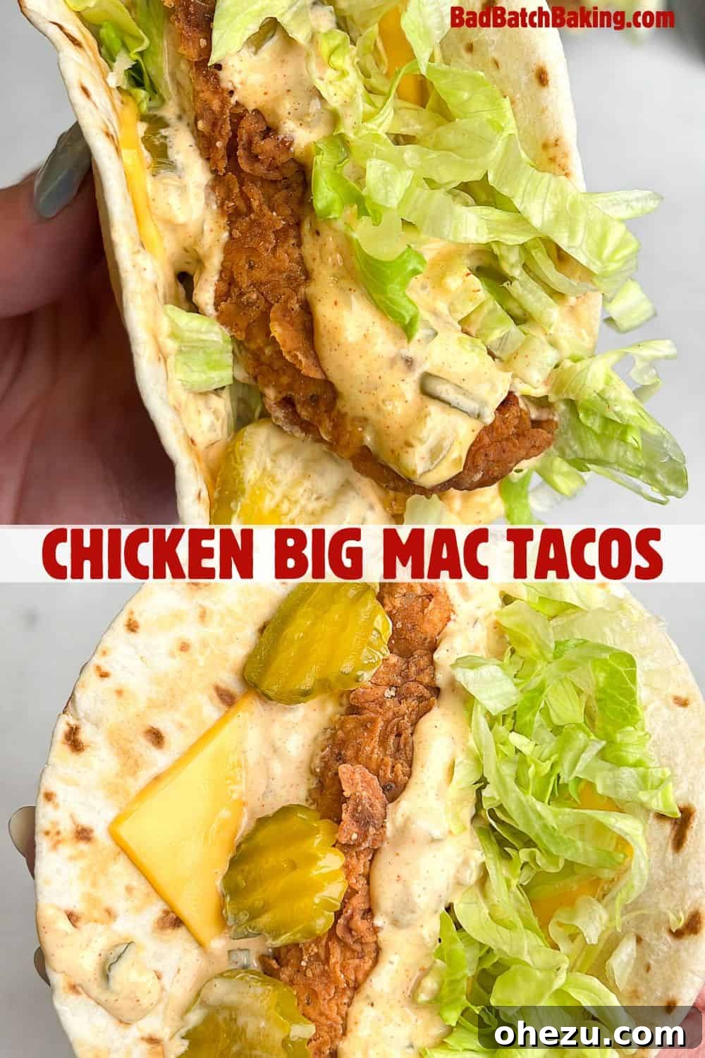 Ultimate Chicken Big Mac Taco 17 A vibrant close-up of a chicken taco featuring golden fried chicken, special sauce, shredded lettuce, and sliced pickles.