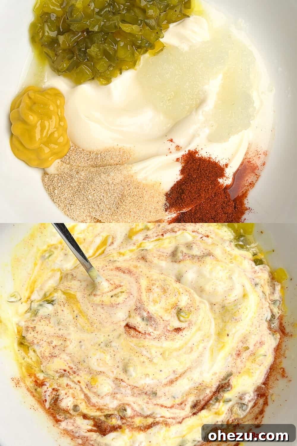 Ultimate Chicken Big Mac Taco 5 A two-step visual guide showing how to easily combine ingredients to make homemade Big Mac sauce in a bowl.