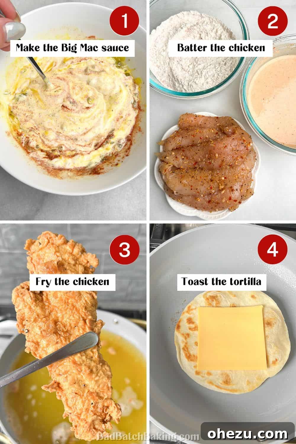 Ultimate Chicken Big Mac Taco 6 A step-by-step visual guide demonstrating how to make chicken Big Mac tacos, from preparing the chicken to assembly.