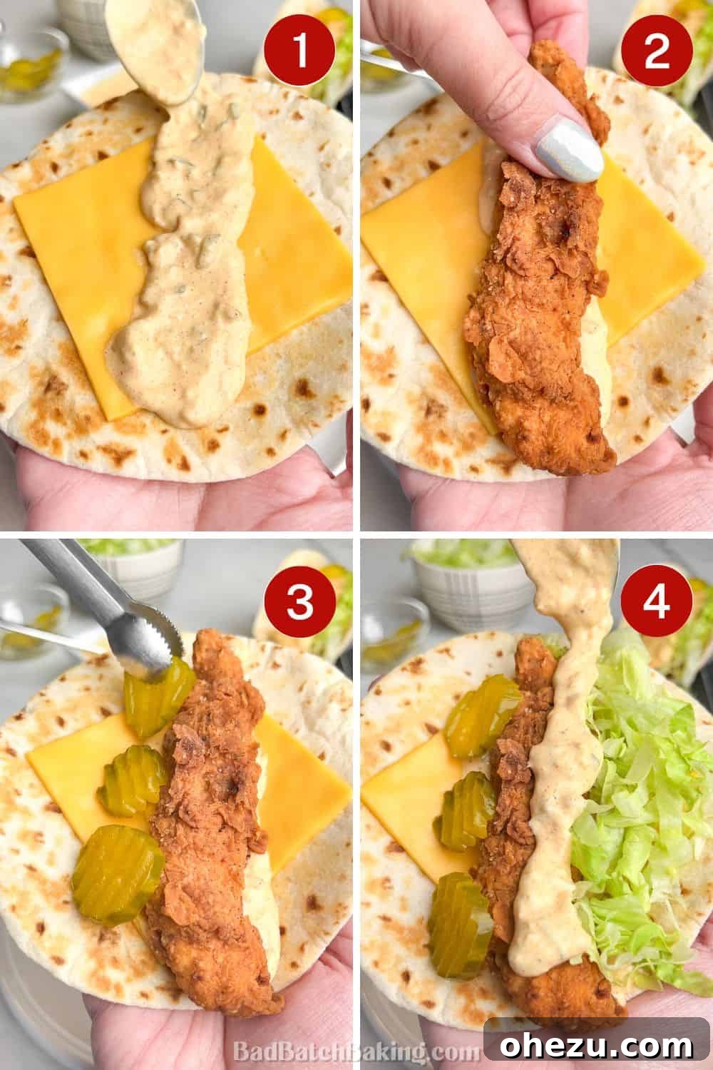 Ultimate Chicken Big Mac Taco 7 A visual guide demonstrating the step-by-step assembly of a Big Mac taco, highlighting the layering of ingredients.