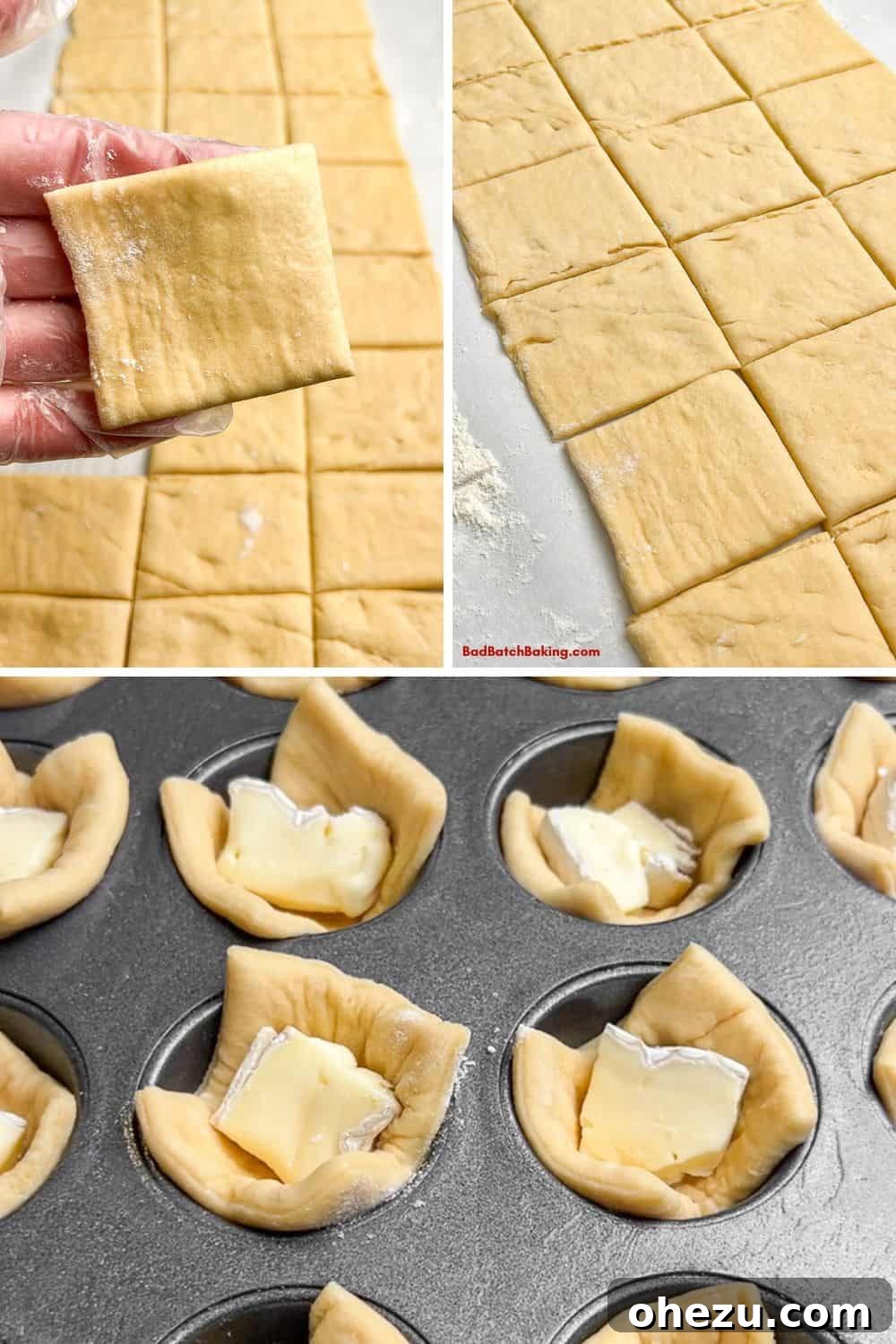 Flaky Cranberry Brie Bake 4 Raw puff pastry squares carefully pressed into a muffin pan, each ready to be filled with brie cheese and cranberry sauce, demonstrating an early step in the preparation.