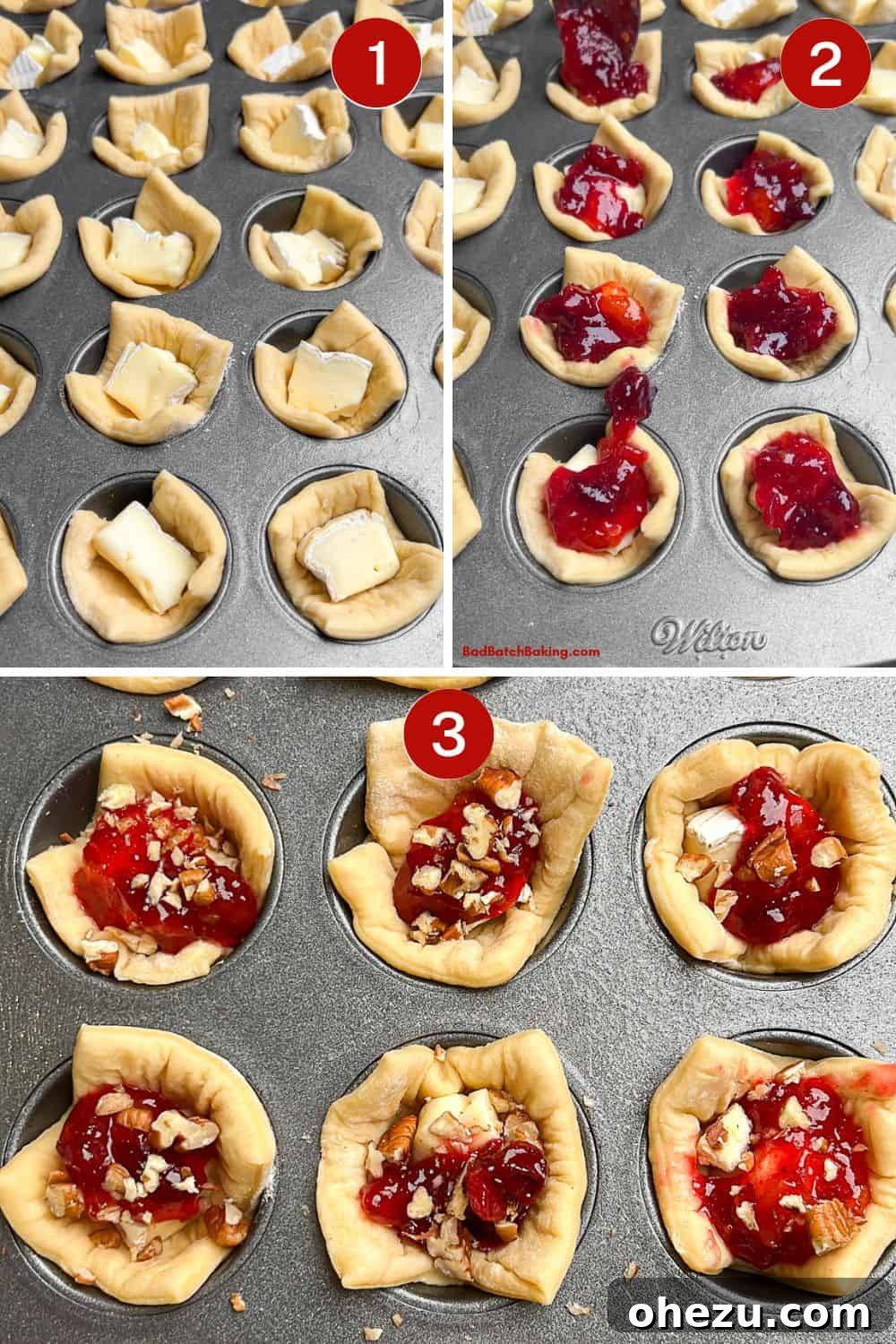 Flaky Cranberry Brie Bake 5 A step-by-step visual guide showing how to prepare baked brie cranberry puff pastry: from cutting pastry squares to filling them with brie and cranberry.