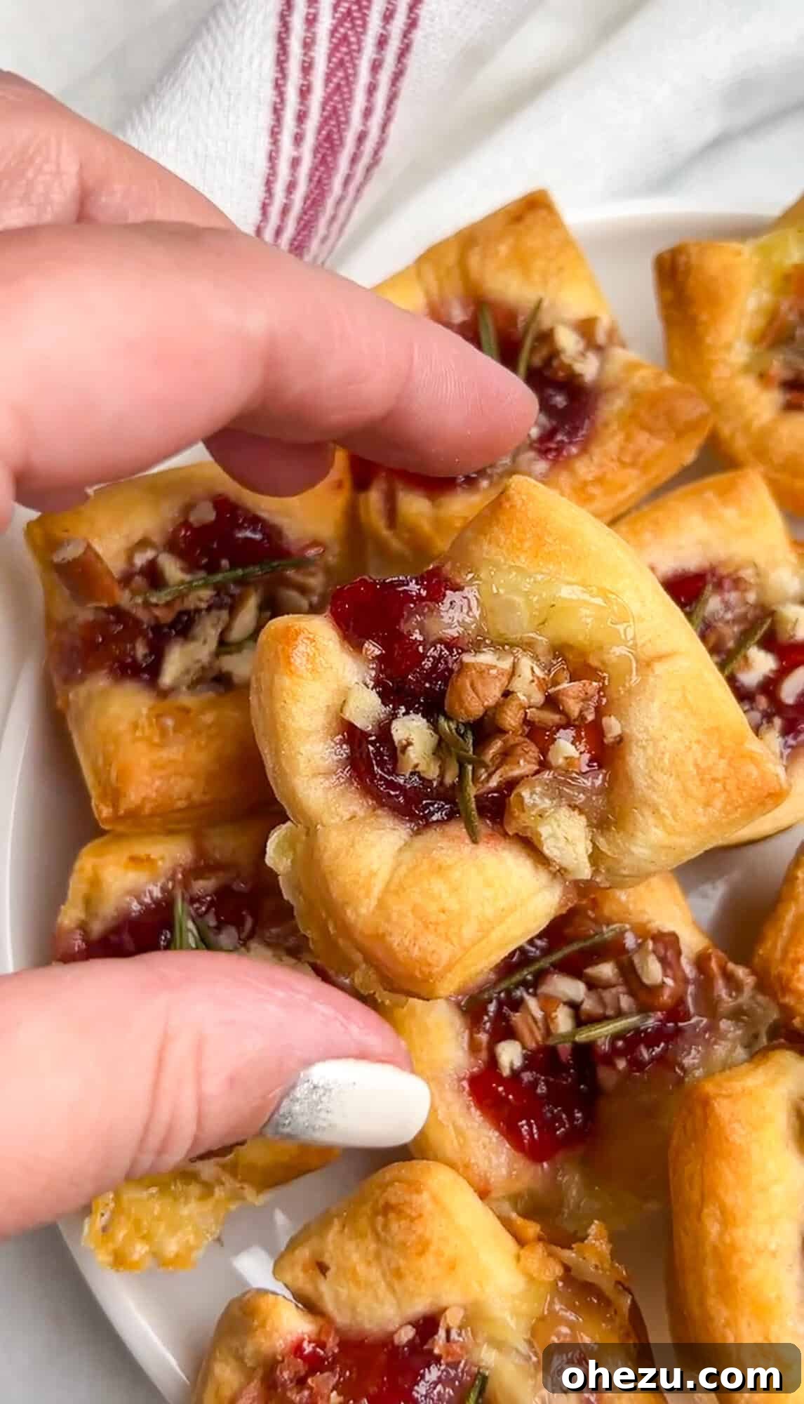 Flaky Cranberry Brie Bake 6 A person presenting a perfectly baked brie and cranberry puff pastry bite, showcasing its golden crust and melted cheese, ready for serving.