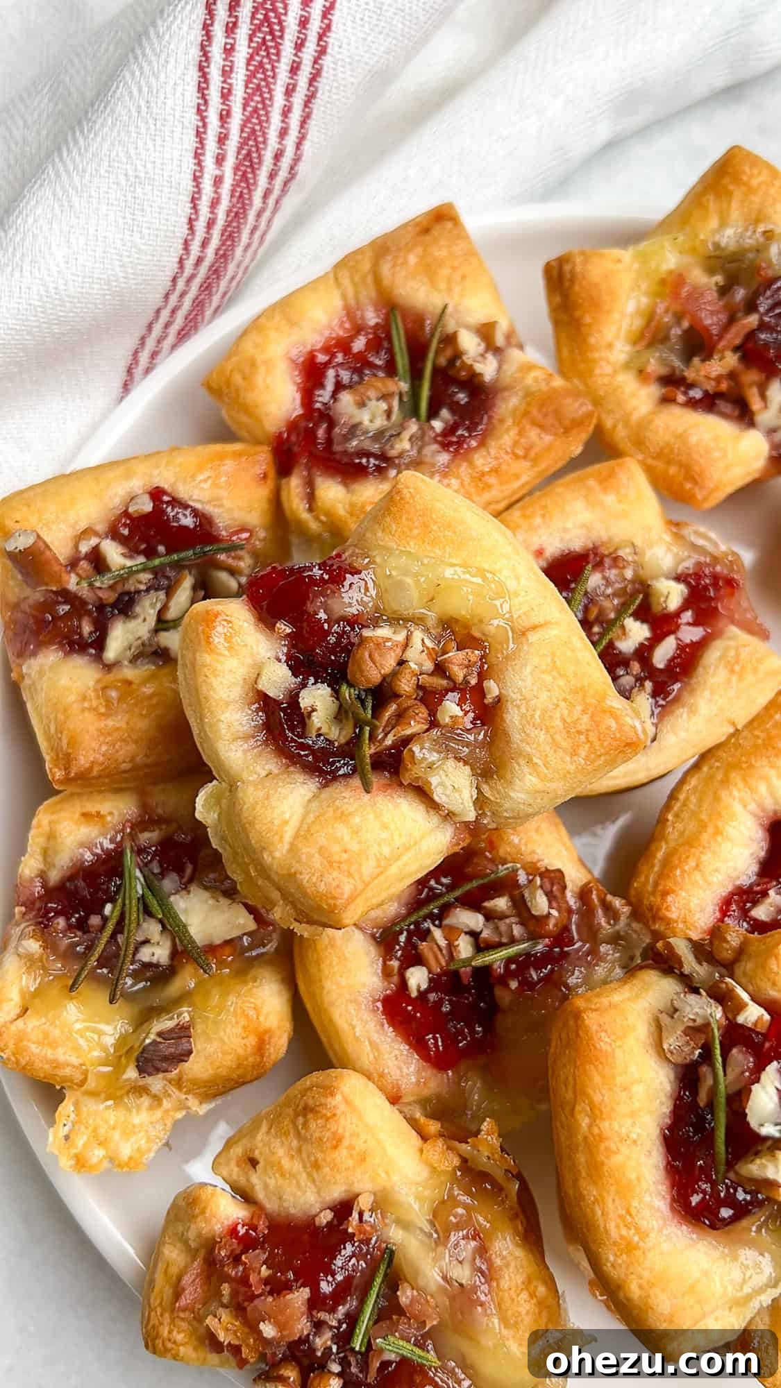 Flaky Cranberry Brie Bake 7 Freshly baked brie and cranberry puff pastry bites, perfectly golden and garnished, resting on a serving plate, ready to be enjoyed.