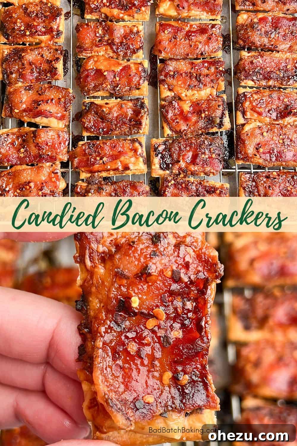 Flaky Cranberry Brie Bake 10 Crispy candied bacon crackers topped with parmesan cheese, arranged on a serving plate.