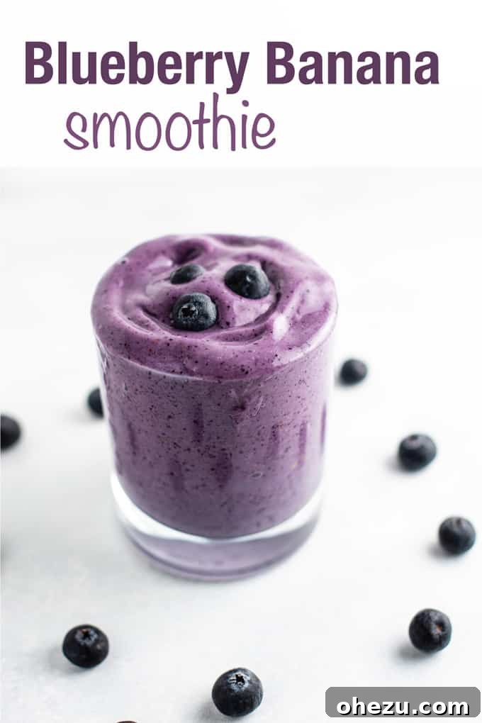 Velvet Berry Banana Smoothie 6 Image with text "Blueberry Banana Smoothie" prominently displayed, suitable for social media sharing.