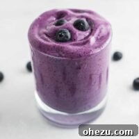 A delicious blueberry smoothie with fresh blueberries as a garnish on top.