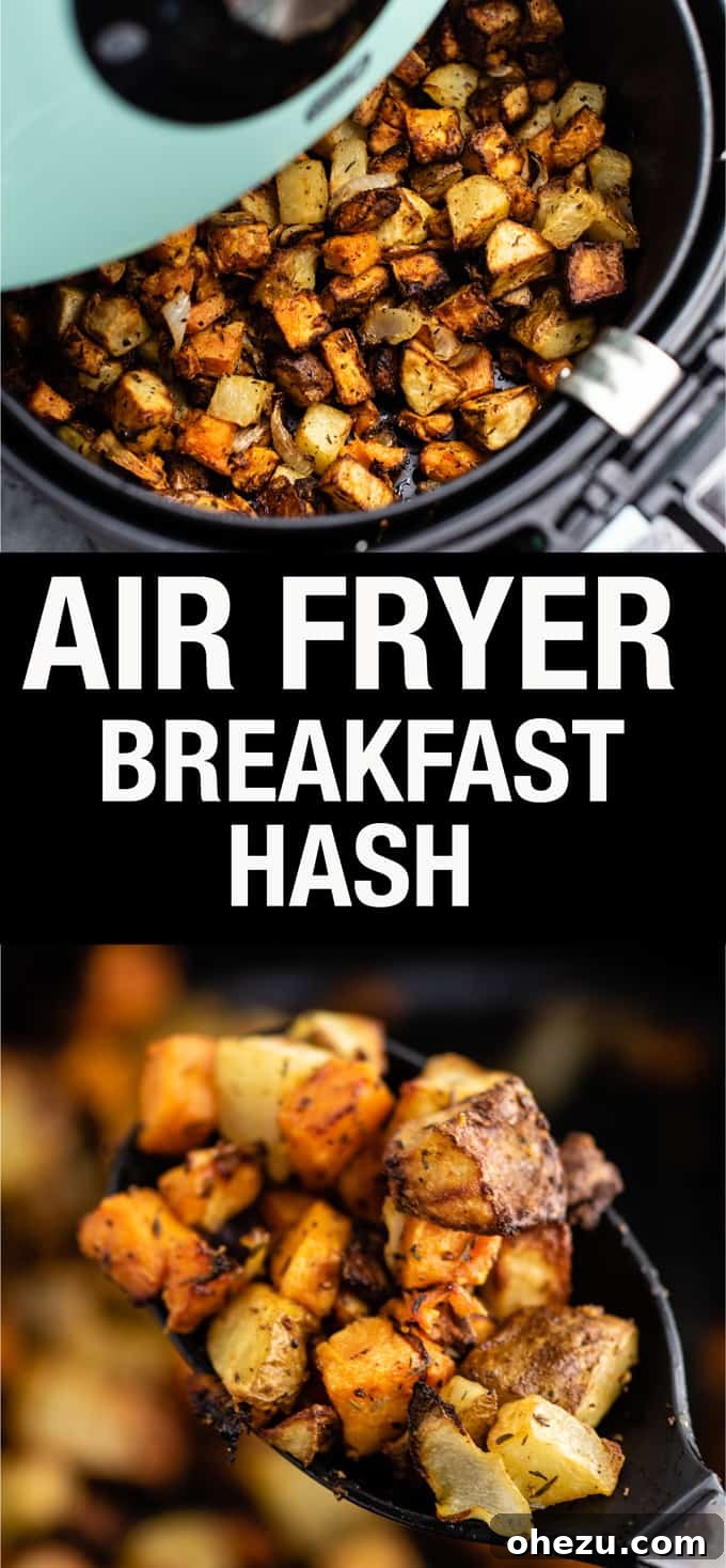 Promotional image with text "Air Fryer Breakfast Hash".