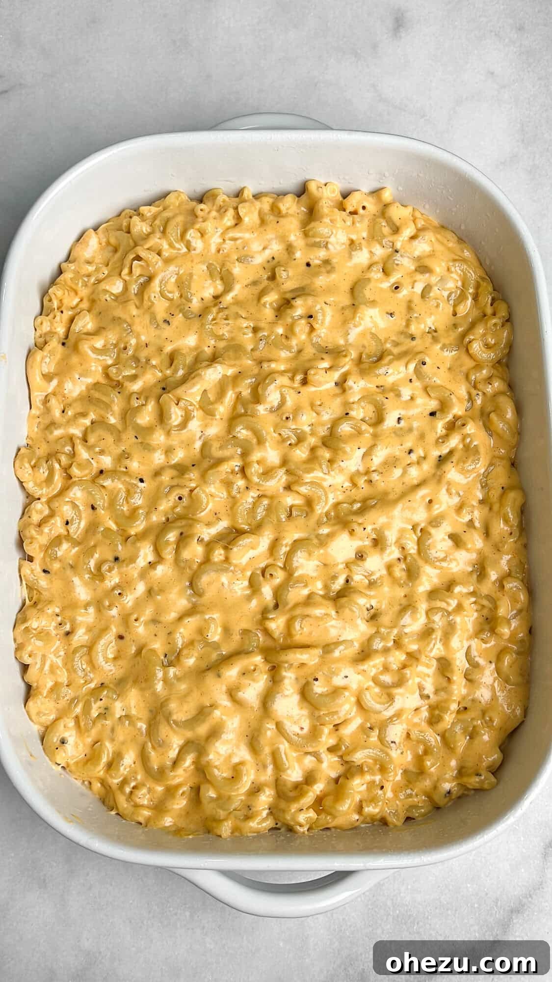 First layer of macaroni and cheese spread evenly in a buttered casserole dish.