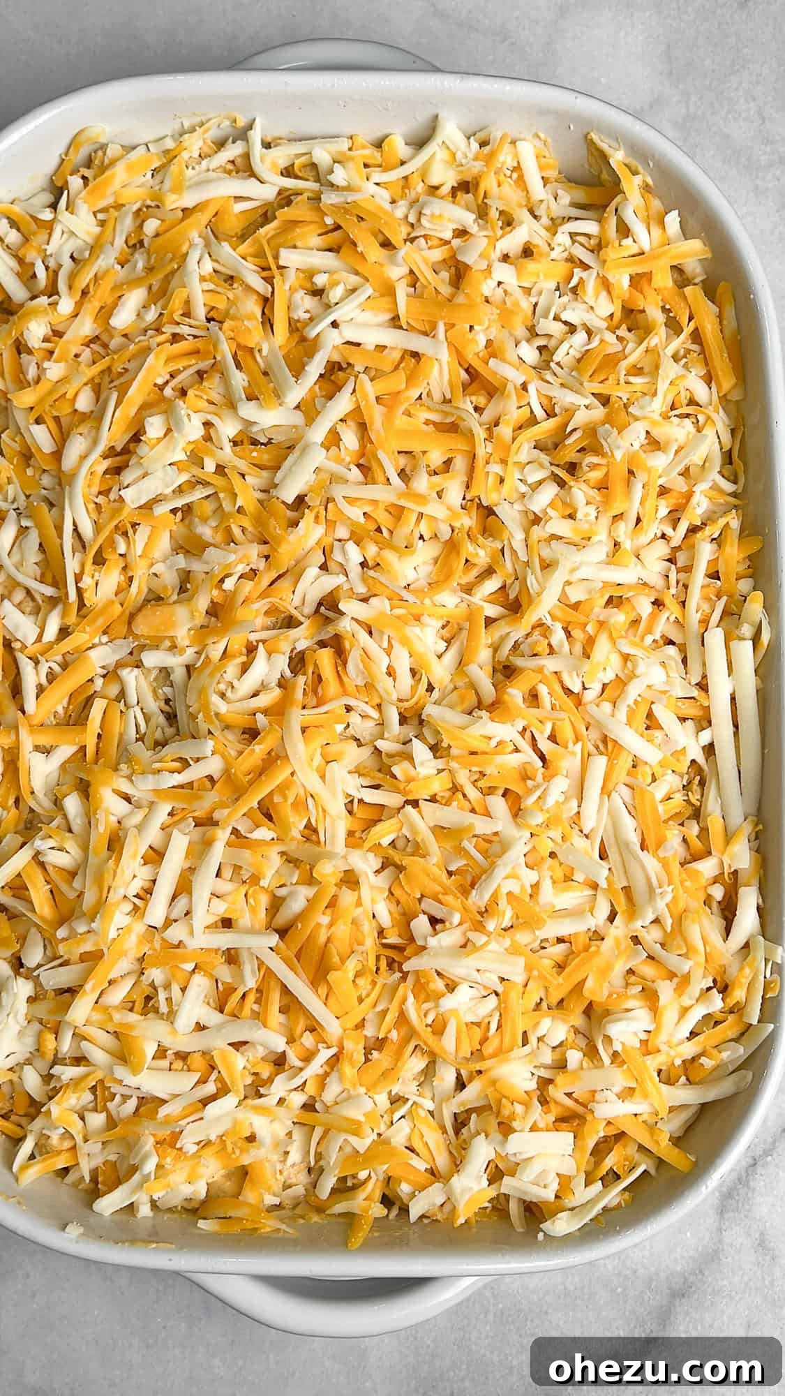 A generous layer of shredded cheese sprinkled over the first macaroni layer in the casserole dish.