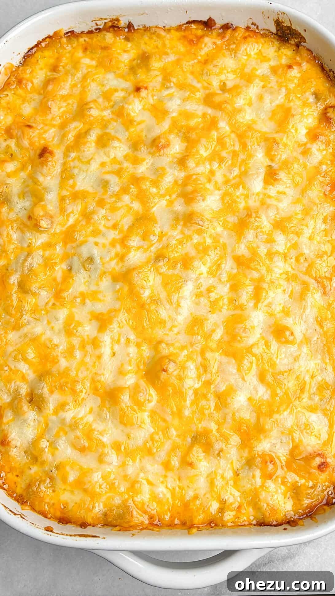 Freshly baked macaroni and cheese in a pan, with a golden-brown, bubbly top crust.