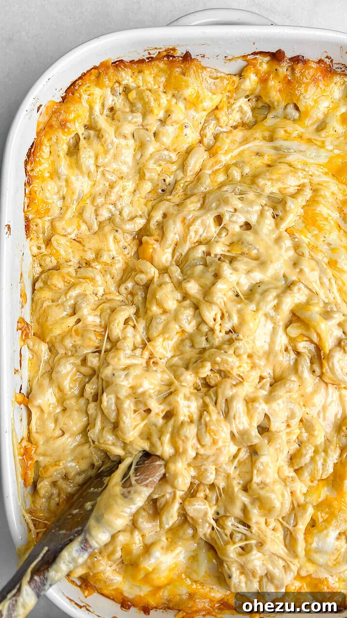 Freshly baked gooey macaroni and cheese in a pan, with a golden-brown, bubbly top and creamy texture.