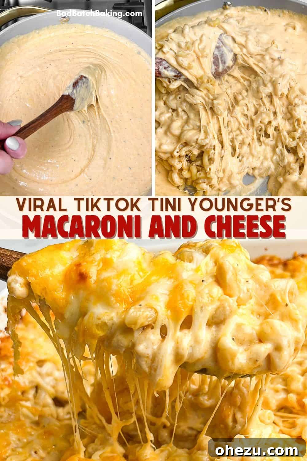 Close-up of baked macaroni and cheese being lifted out of a pan with a spoon, highlighting the stringy cheese pull.
