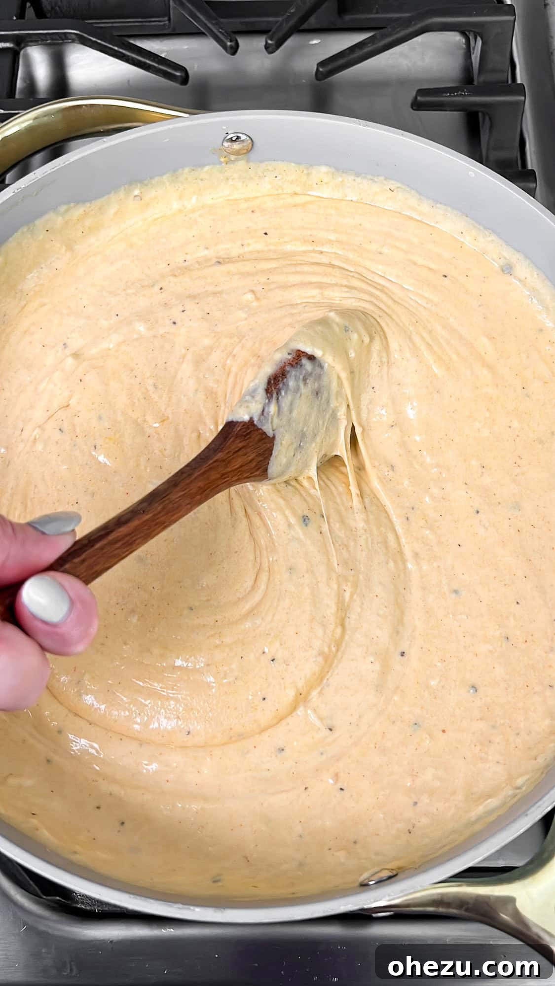 The fully prepared rich and cheesy sauce in a large pan, ready for the pasta.