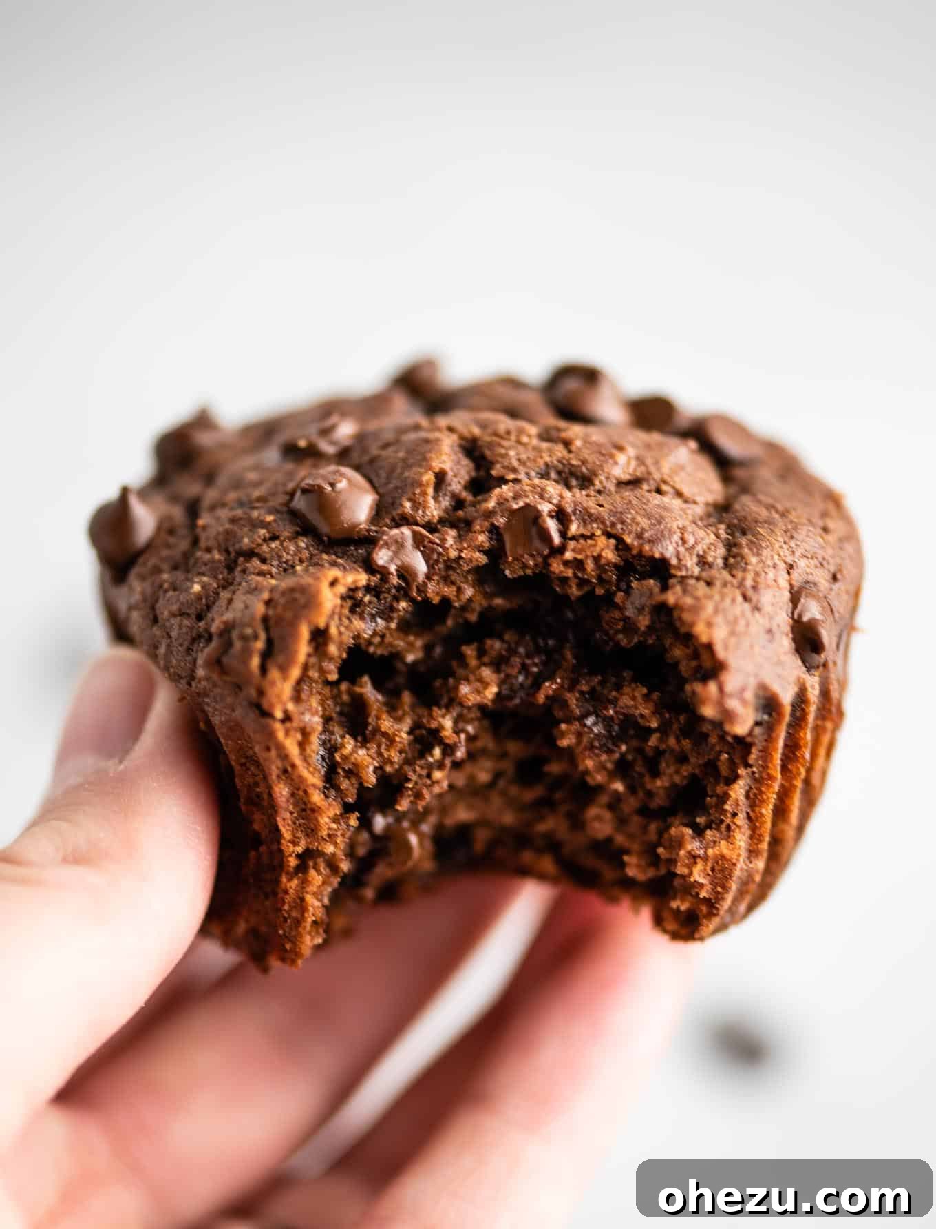Unbelievably Delicious Gluten Free Chocolate Muffins 2 Delicious gluten-free chocolate muffin with a bite taken out, revealing its moist, chocolatey interior