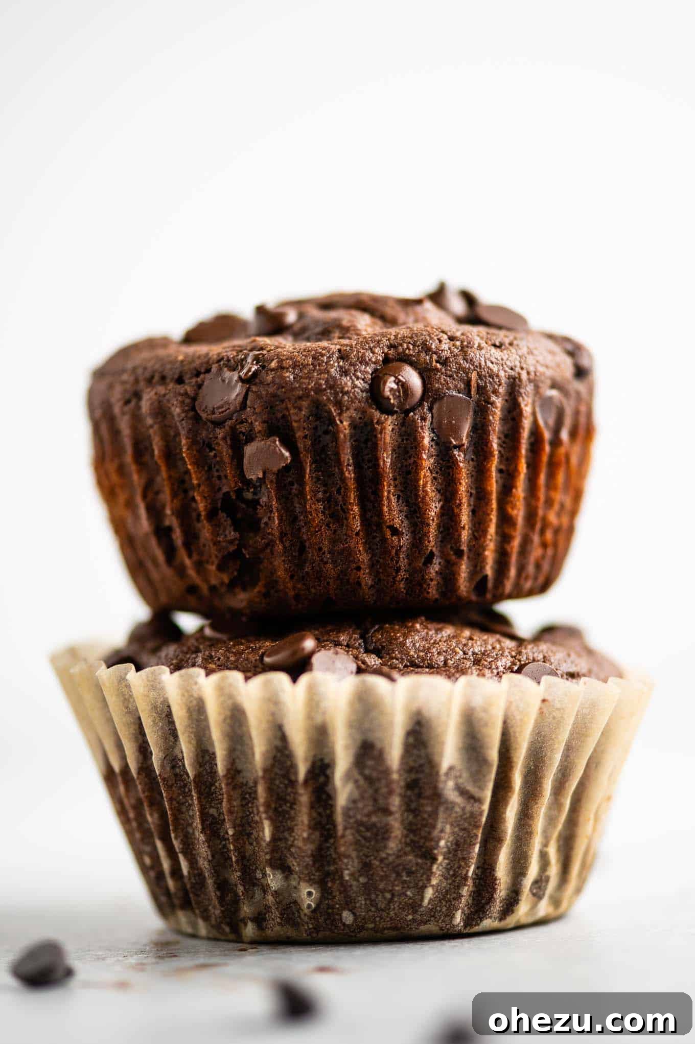 Unbelievably Delicious Gluten Free Chocolate Muffins 3 Two perfectly baked gluten-free chocolate muffins, stacked enticingly