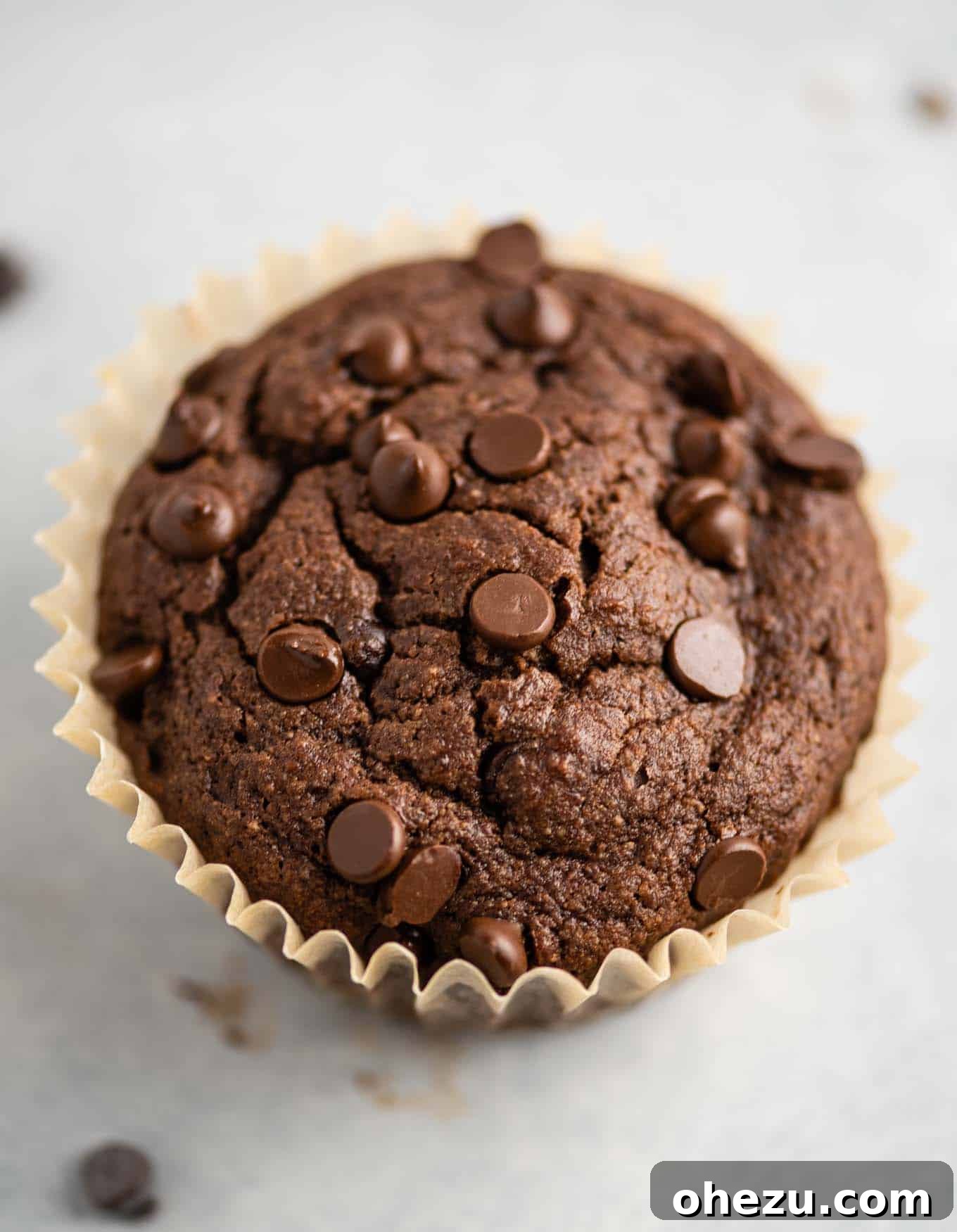 Unbelievably Delicious Gluten Free Chocolate Muffins 8 A single, perfectly baked gluten-free chocolate muffin in a crinkled parchment paper liner