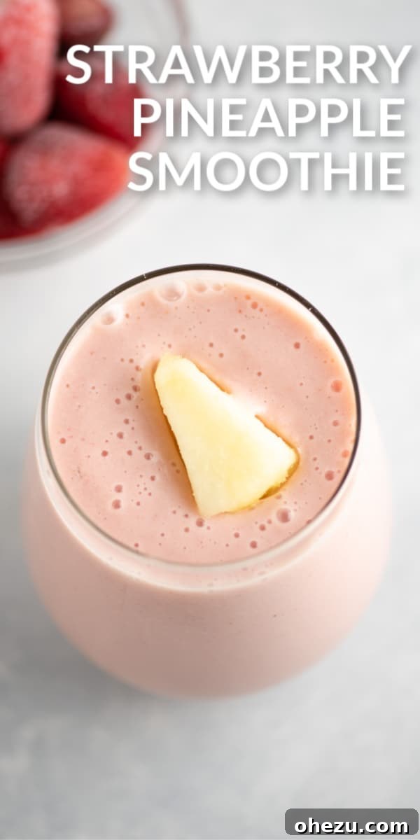 Strawberry Pineapple Paradise 5 Promotional image with text "strawberry pineapple smoothie" and a smoothie glass