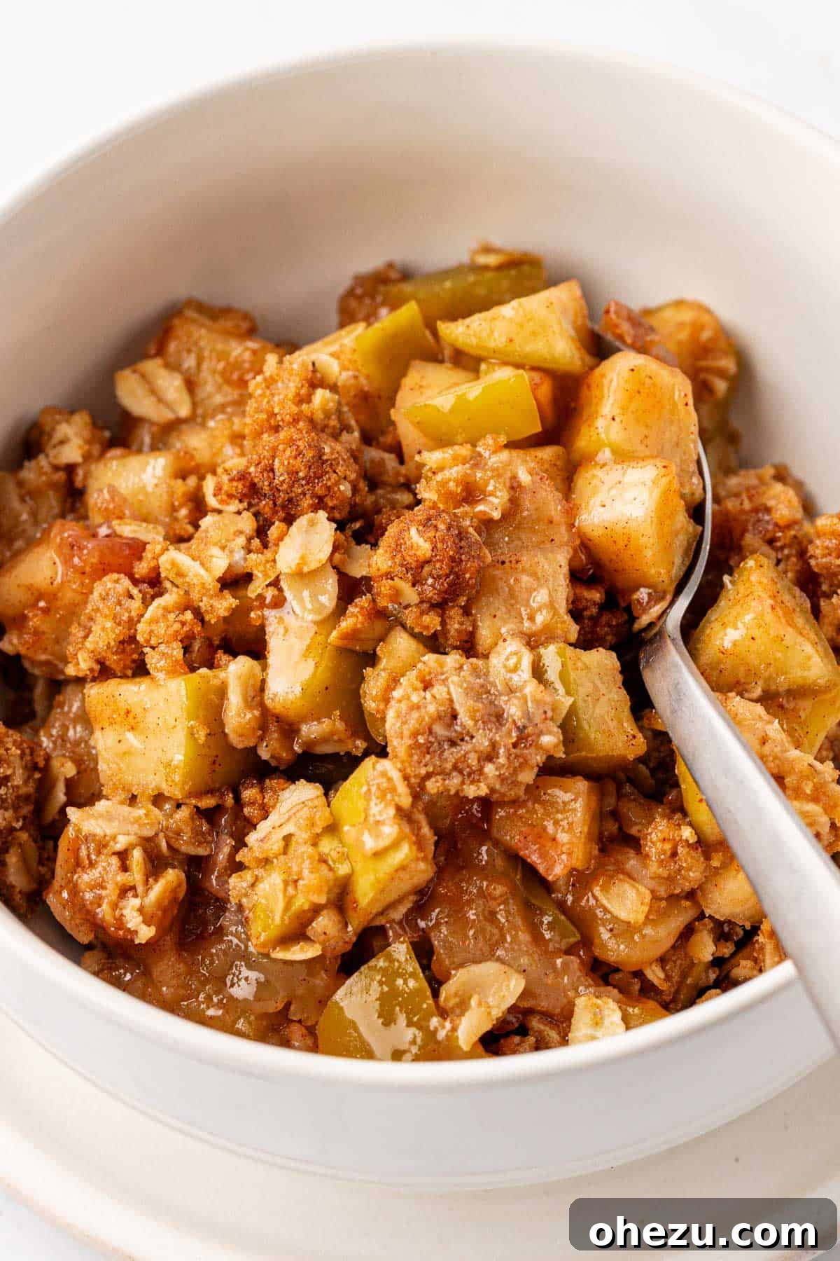 Heavenly Gluten-Free Apple Crumble 16 A bowl of gluten-free apple crisp, showcasing the layers of warm apples and crispy oat topping, with a spoon resting in the bowl, ready to be enjoyed.