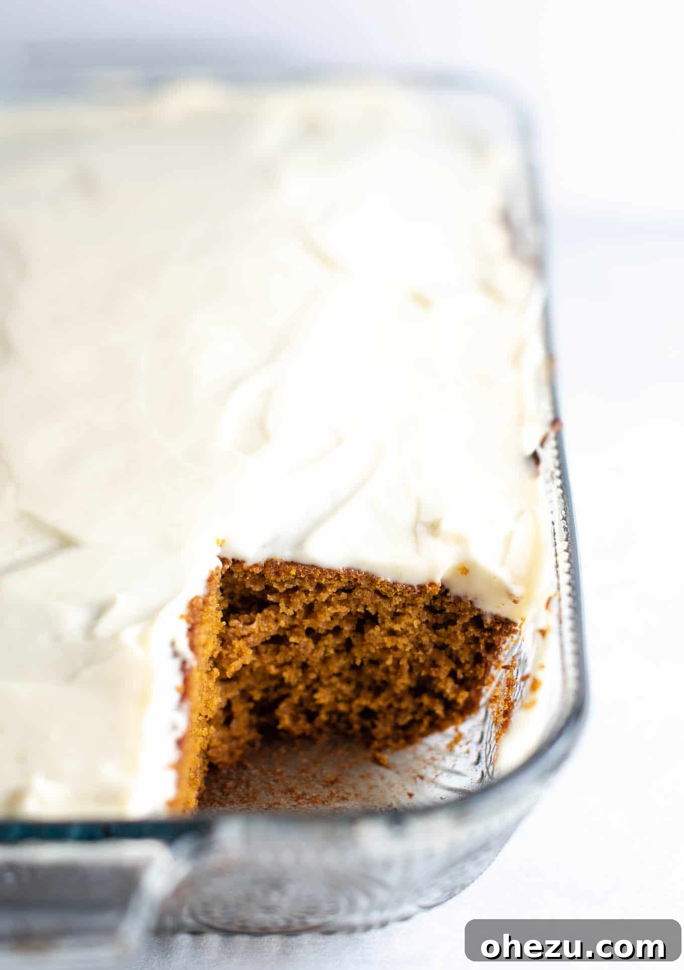 A freshly baked pumpkin cake in a 9x13 inch baking dish, golden brown and perfectly risen, waiting to be frosted.