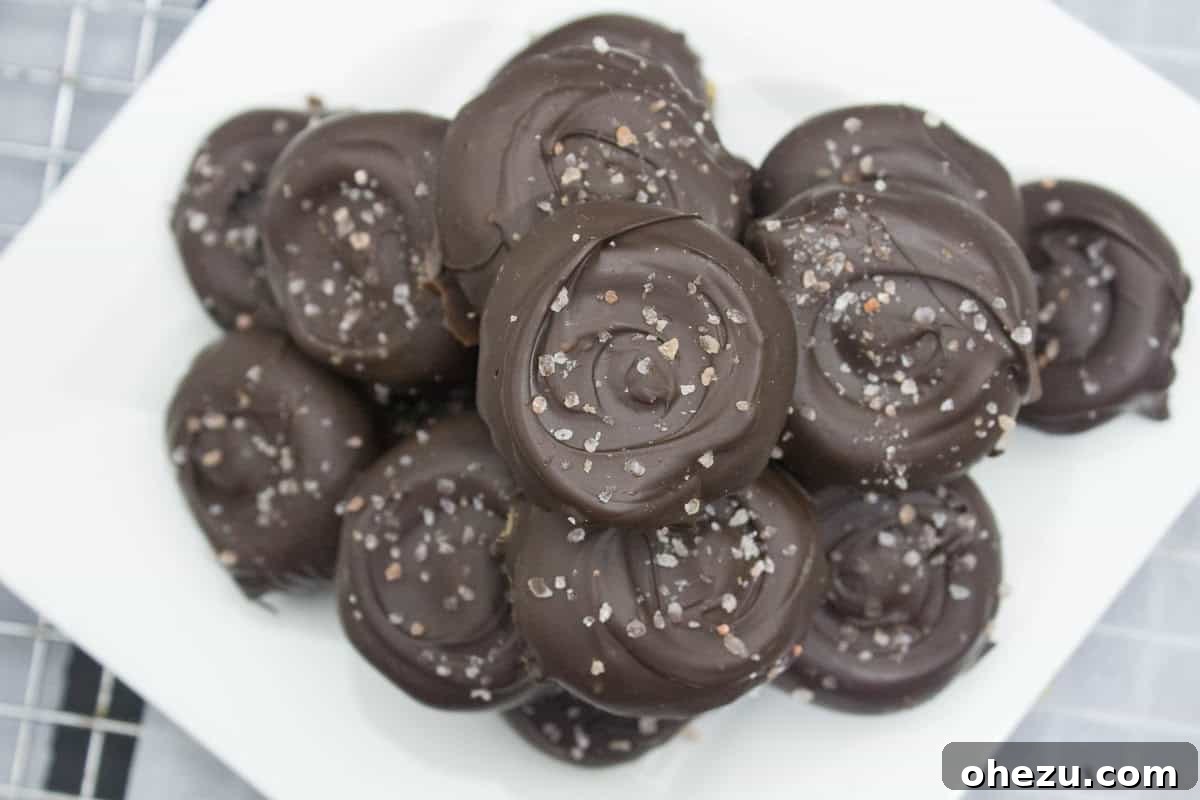 Decadent Sea Salt Dark Chocolate Peanut Butter Drops 3 Close-up of freshly made Salted Dark Chocolate Peanut Butter Patties