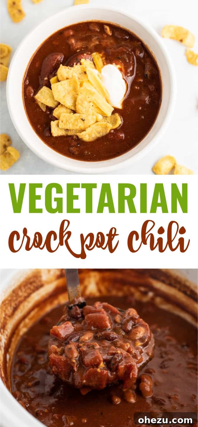 Promotional image featuring text 'Vegetarian Crock Pot Chili' alongside a delicious bowl of chili.