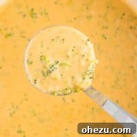 Ladle full of creamy broccoli cheese soup ready to serve