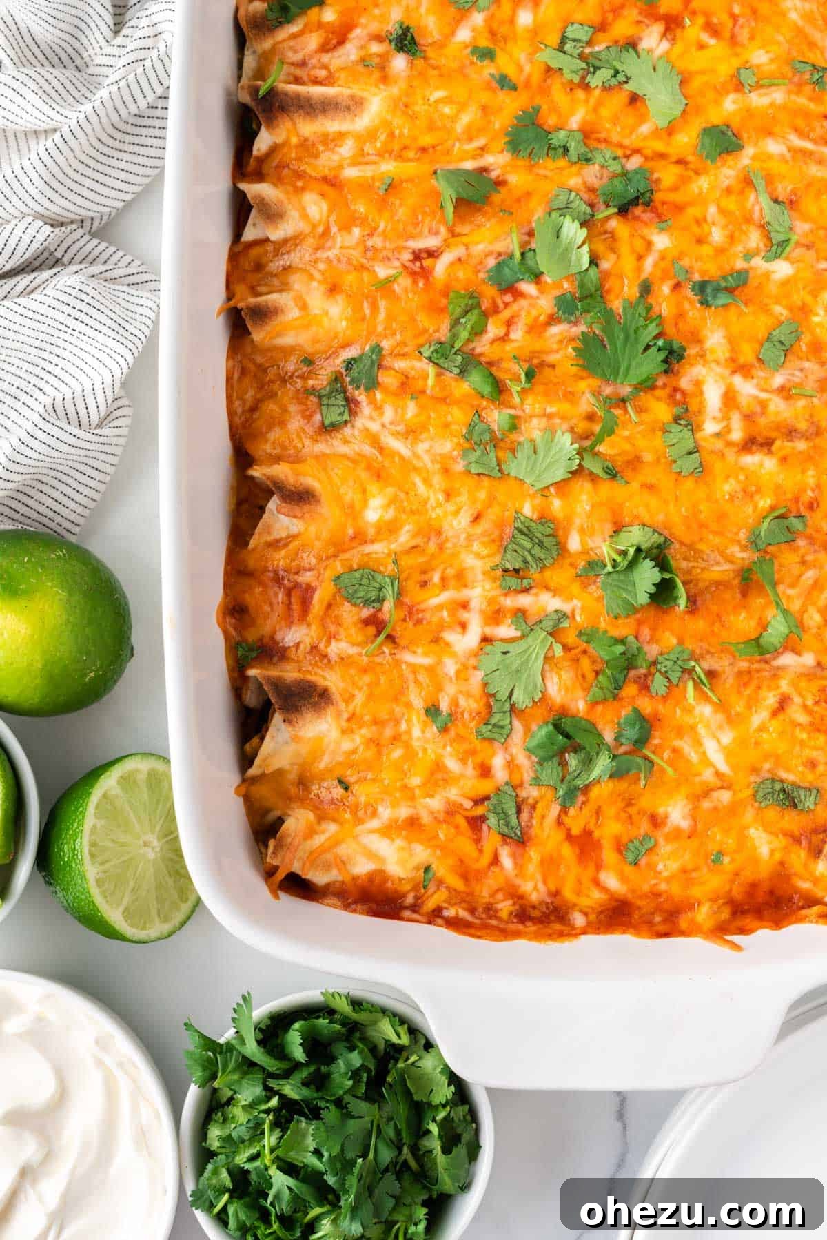 A baking dish filled with golden-baked vegetarian enchiladas, topped with fresh cilantro, ready to be served.