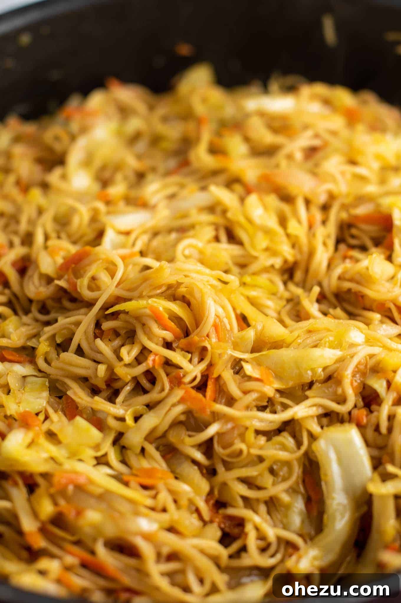 A close-up of the finished cabbage recipe with ramen noodles, a delightful and filling meal.