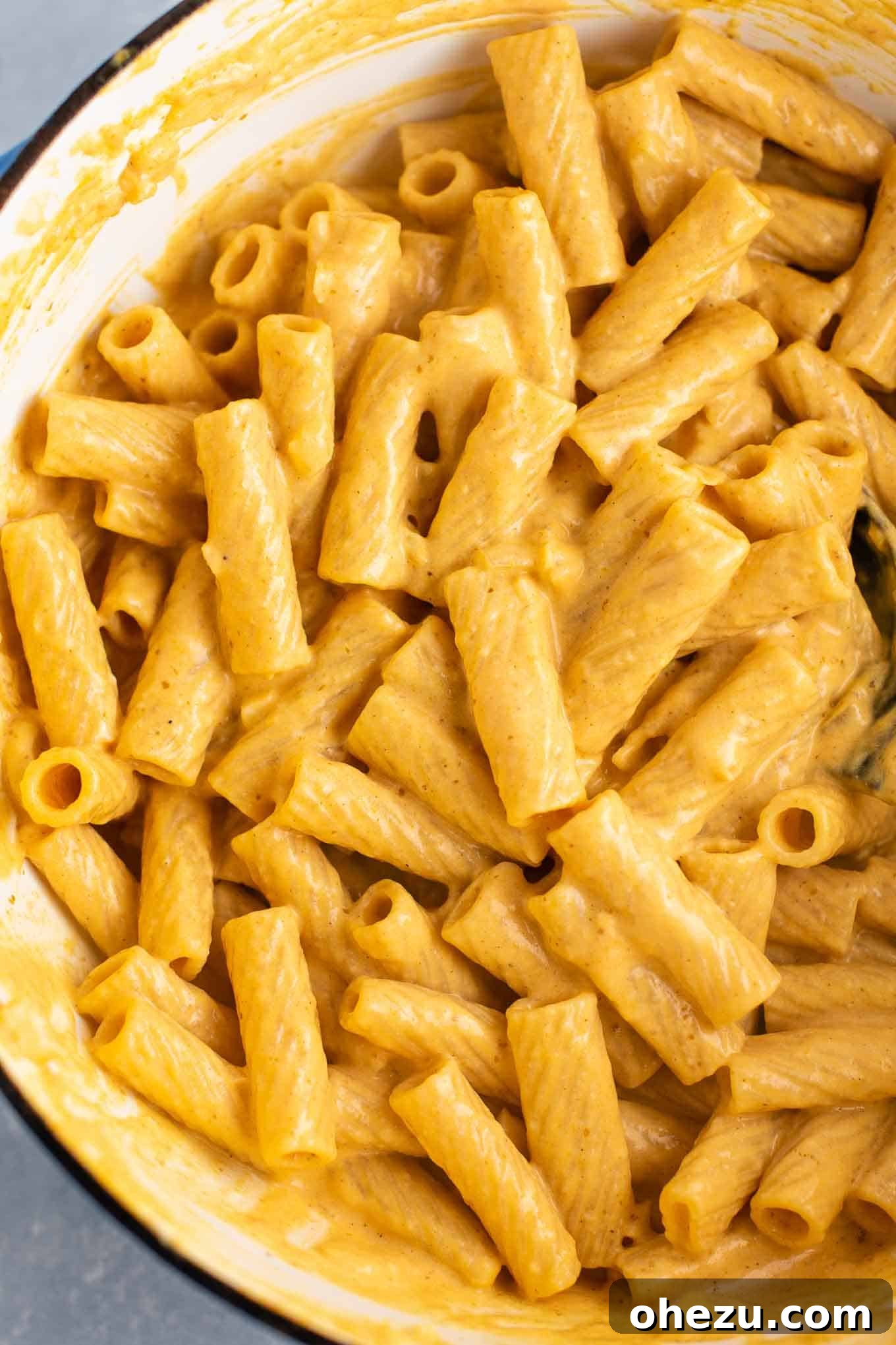 pumpkin pasta in a dutch oven from an overhead view