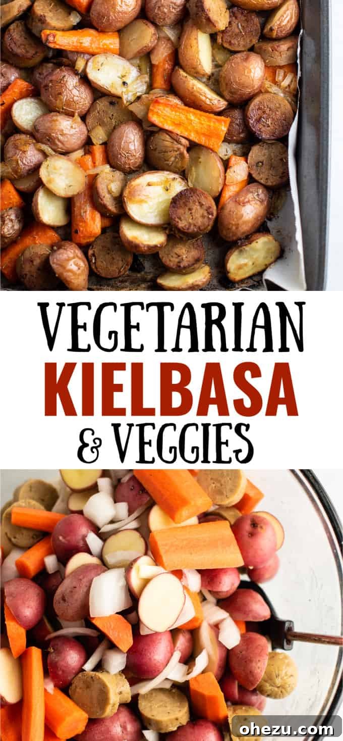 Image with text "Vegetarian Kielbasa and Veggies" in a rustic, inviting style