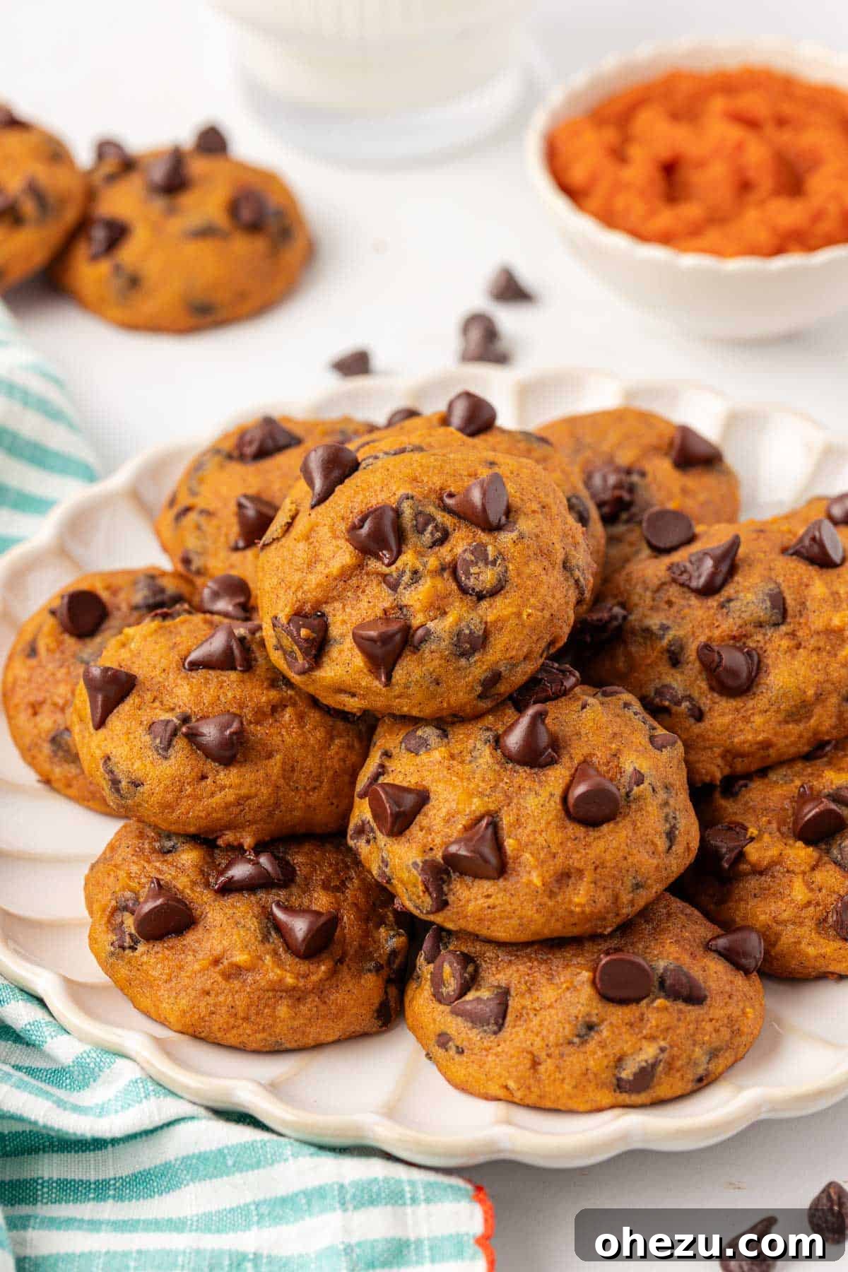 Harvest Pumpkin Chocolate Chip Cookies 2 Soft and chewy pumpkin chocolate chip cookies arranged on a cooling rack