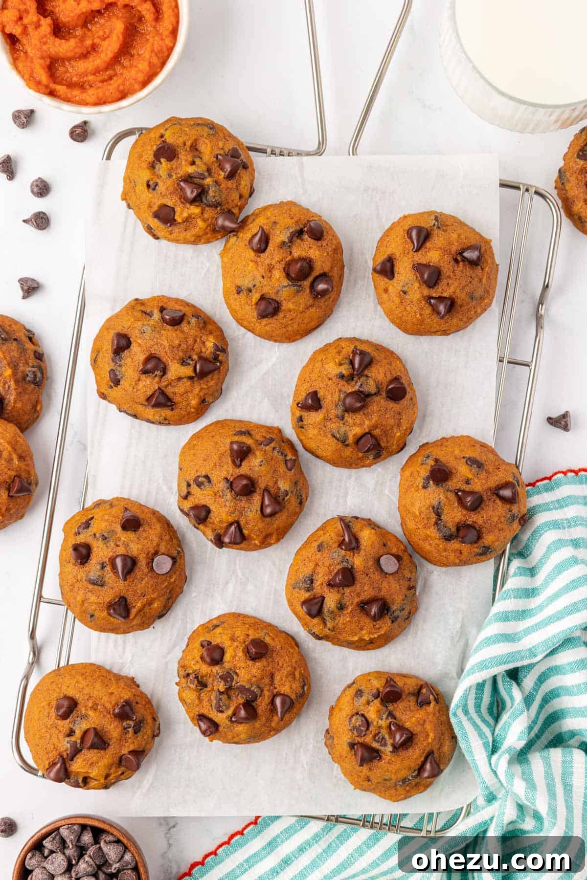Harvest Pumpkin Chocolate Chip Cookies 14 Freshly baked pumpkin chocolate chip cookies cooling on a wire rack