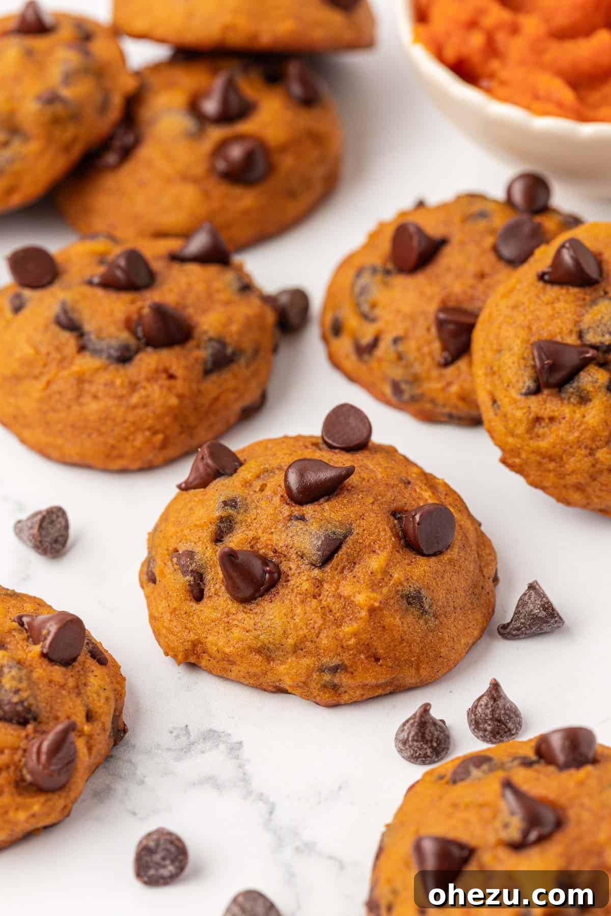 Harvest Pumpkin Chocolate Chip Cookies 15 A stack of soft pumpkin chocolate chip cookies