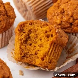 Close-up of a cake mix pumpkin muffin with a bite taken out