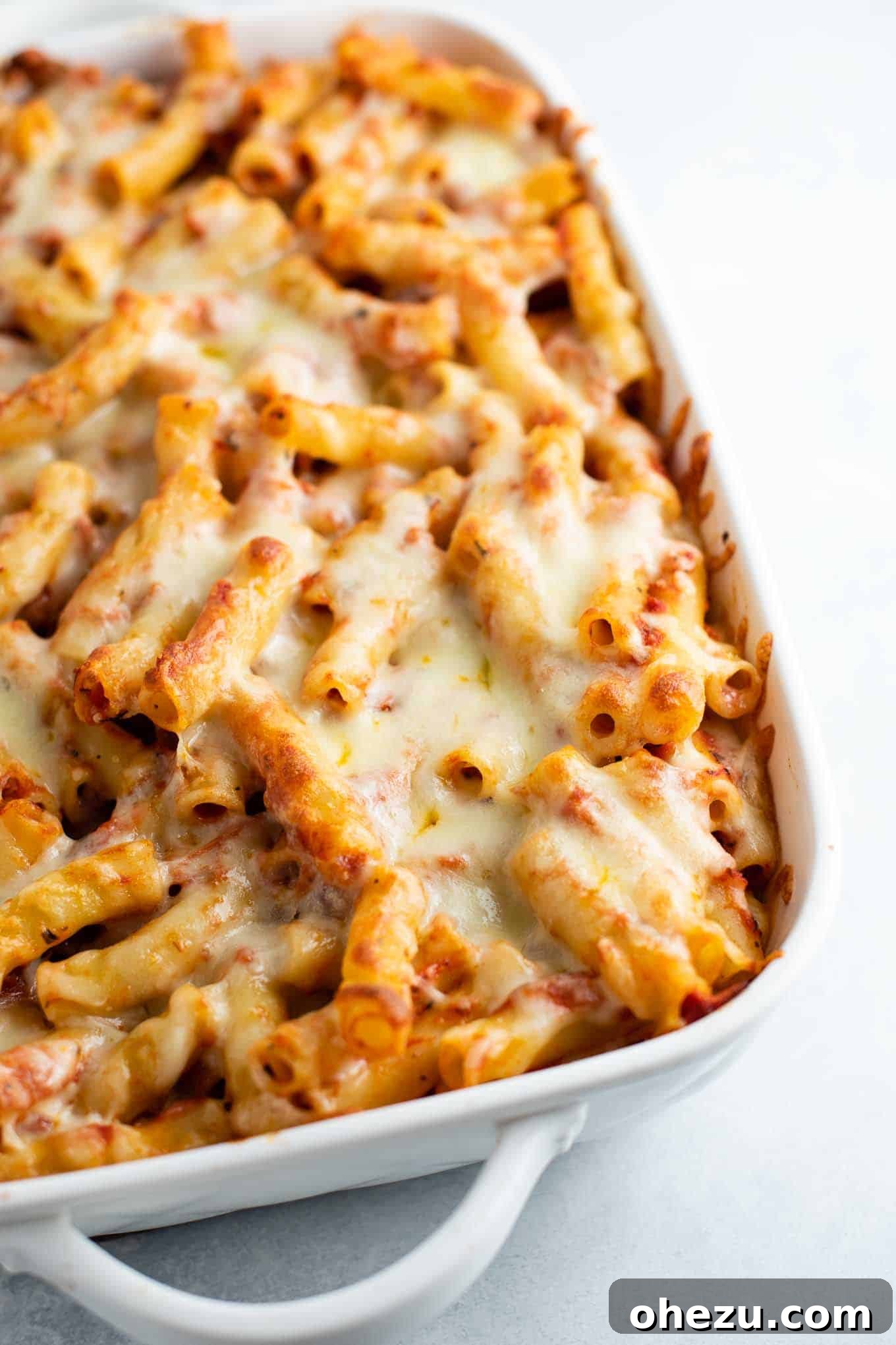 ziti in the pan before serving, showing its appealing texture and rich color