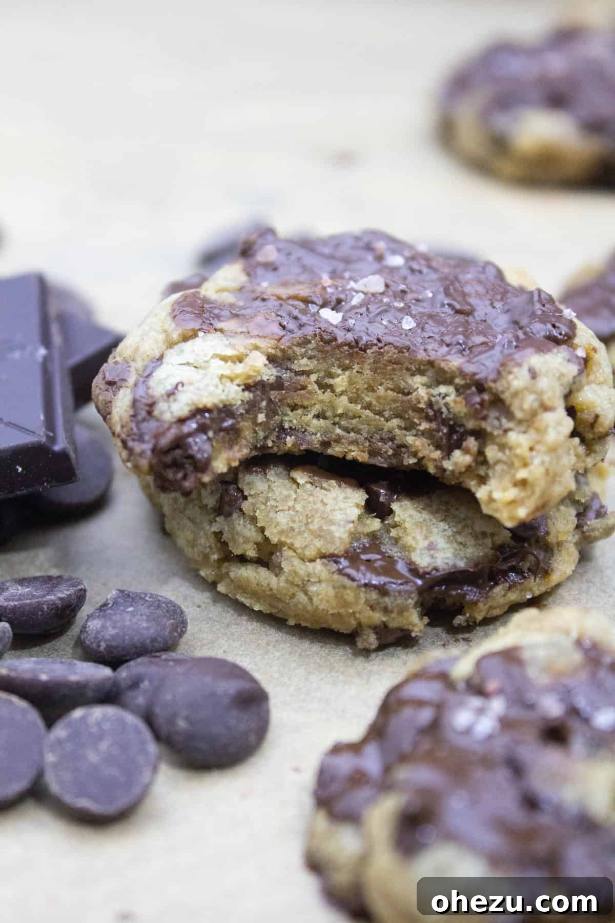 Signature Golden Butter Chewy Chocolate Chip Cookies 4 Up-close shot of a freshly baked chewy chocolate chip cookie with beautiful puddles of melted gourmet chocolate