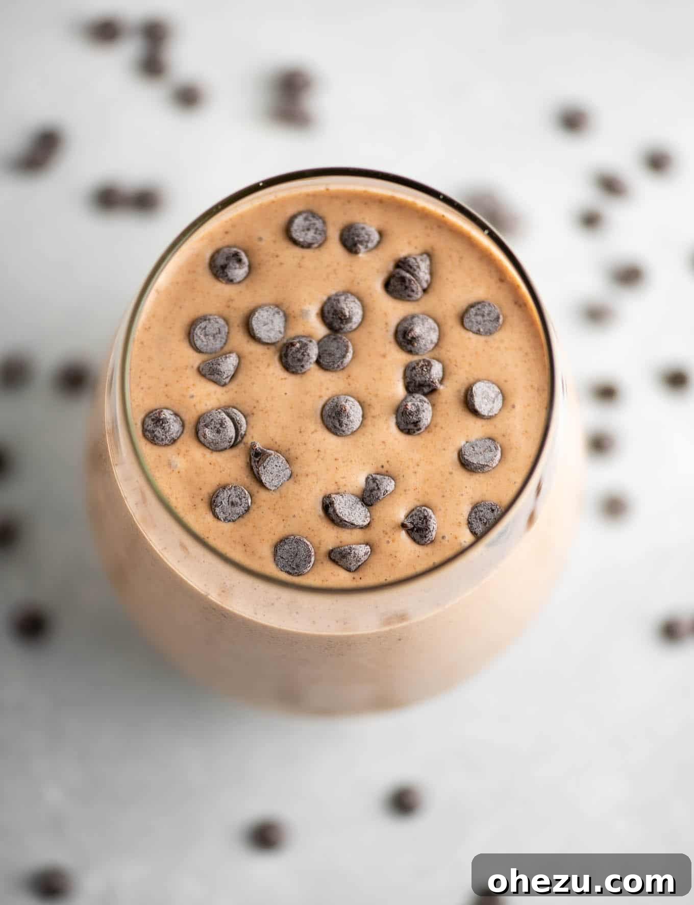 My Five-Year Food Blogging Journey 9 chocolate smoothie with chocolate chips on top from an overhead view