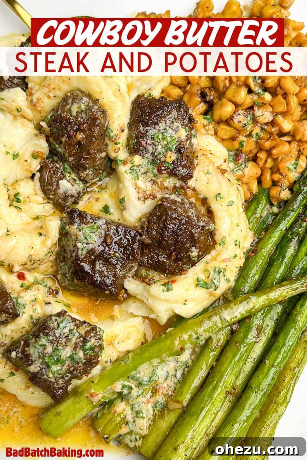 Overhead shot of the Cowboy Butter Steak and Potatoes, highlighting the vibrant colors and rich textures of each component, ready for sharing.