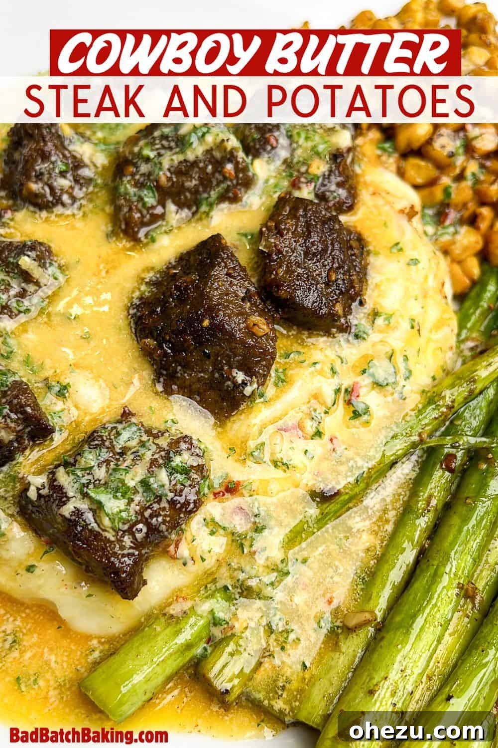 Close-up of a fork scooping up a bite of steak, potatoes, and asparagus, all covered in the luscious cowboy butter, emphasizing its irresistible appeal.