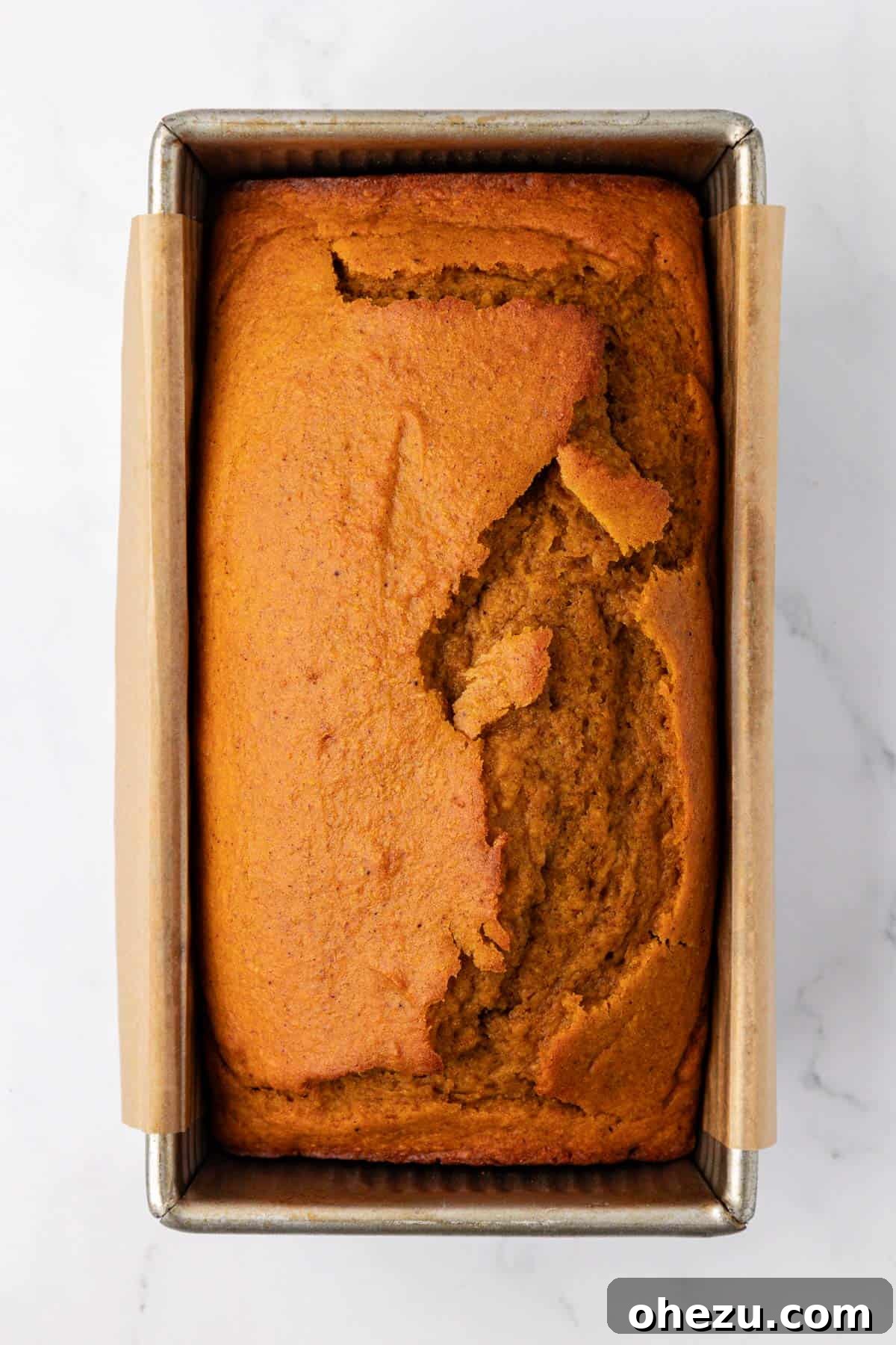 Golden-brown pumpkin bread cooling in a loaf pan.