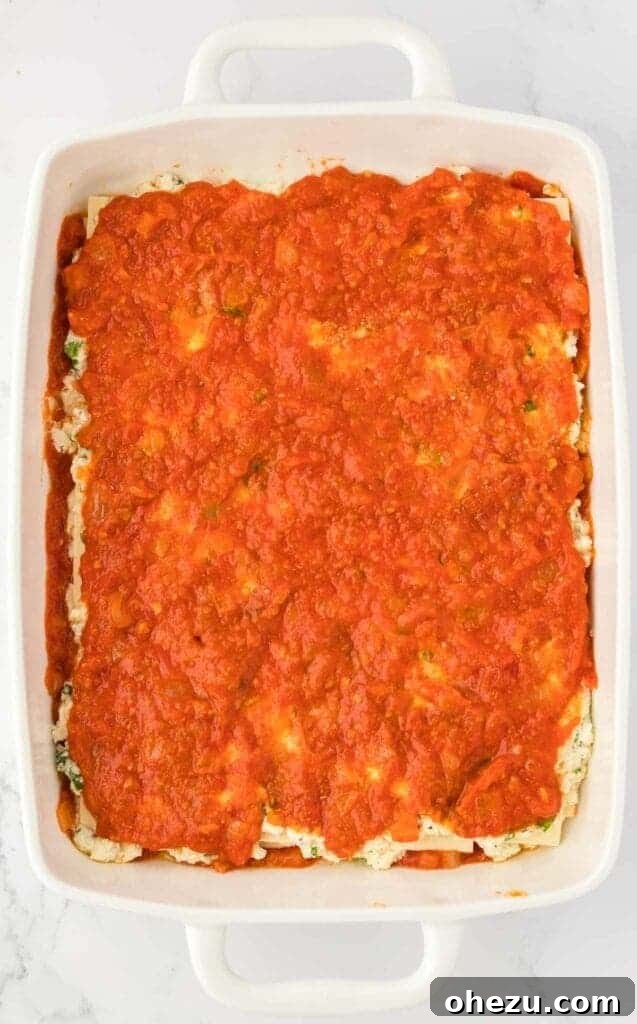 Triple Cheese Lasagna 13 A layer of rich pasta sauce spread over the ricotta filling, creating moisture and flavor.
