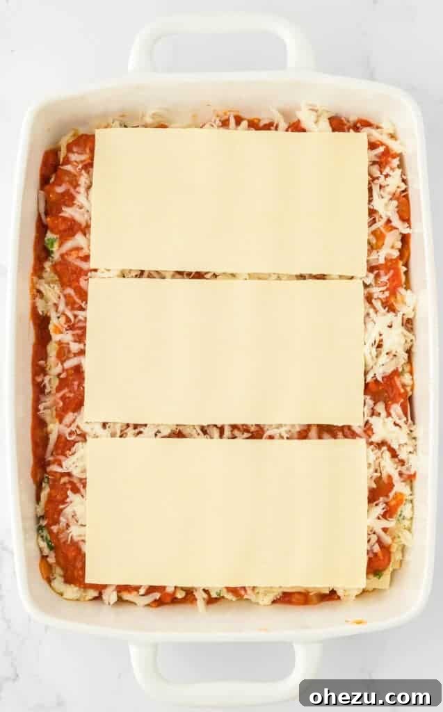 Triple Cheese Lasagna 15 The second layer of lasagna noodles placed on top of the mozzarella cheese, continuing the layering process.