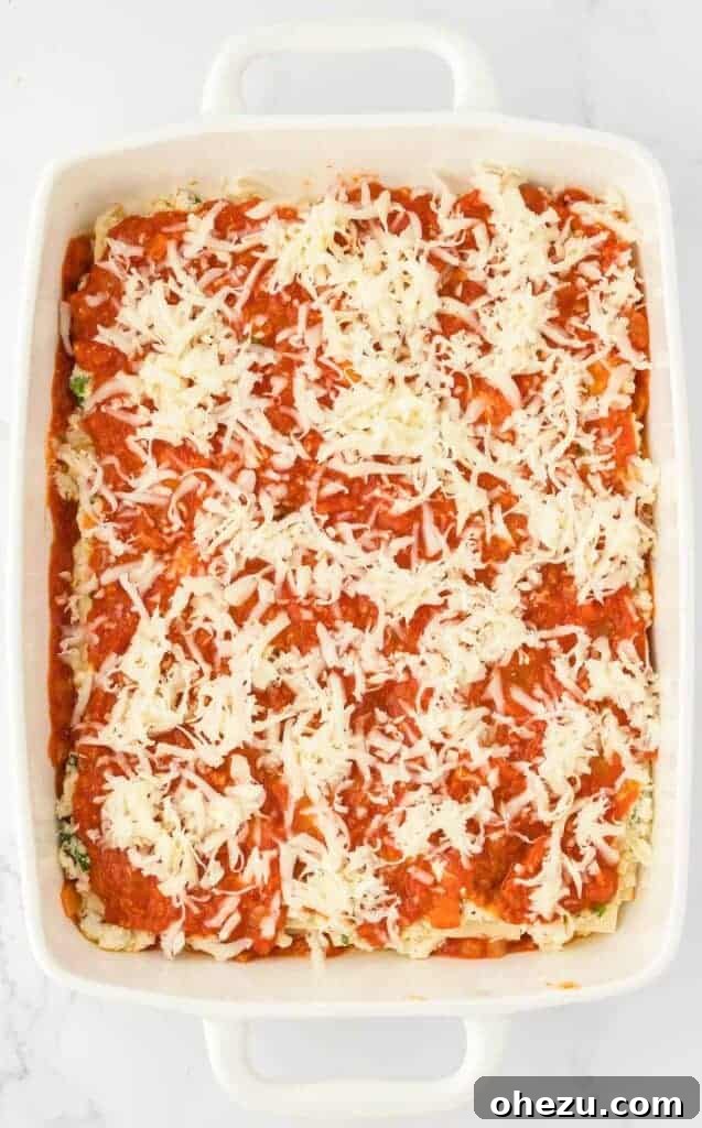 Triple Cheese Lasagna 18 A fresh layer of mozzarella cheese being added to the lasagna, preparing for the final noodle layer.