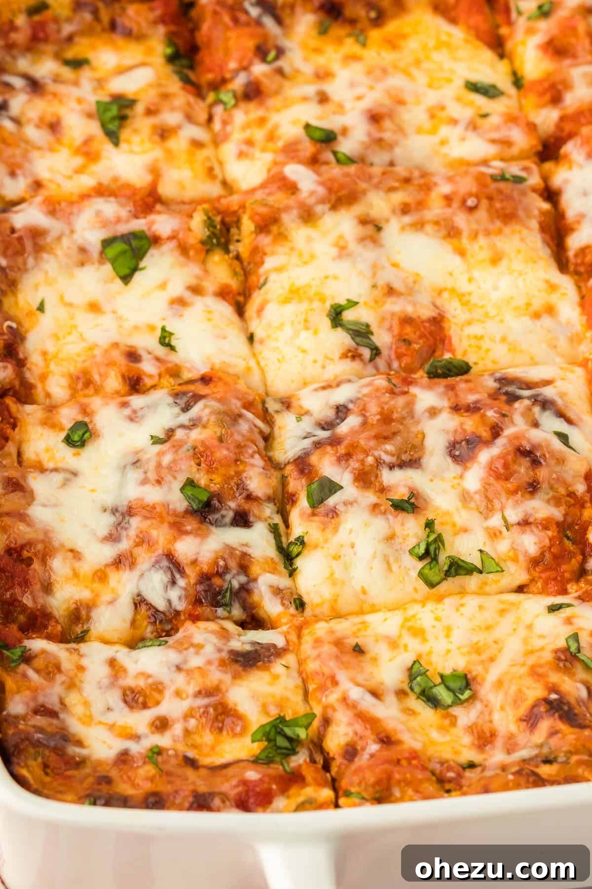 Triple Cheese Lasagna 25 A close-up view of a baked cheese lasagna in a pan, showcasing its bubbling cheese and rich layers.